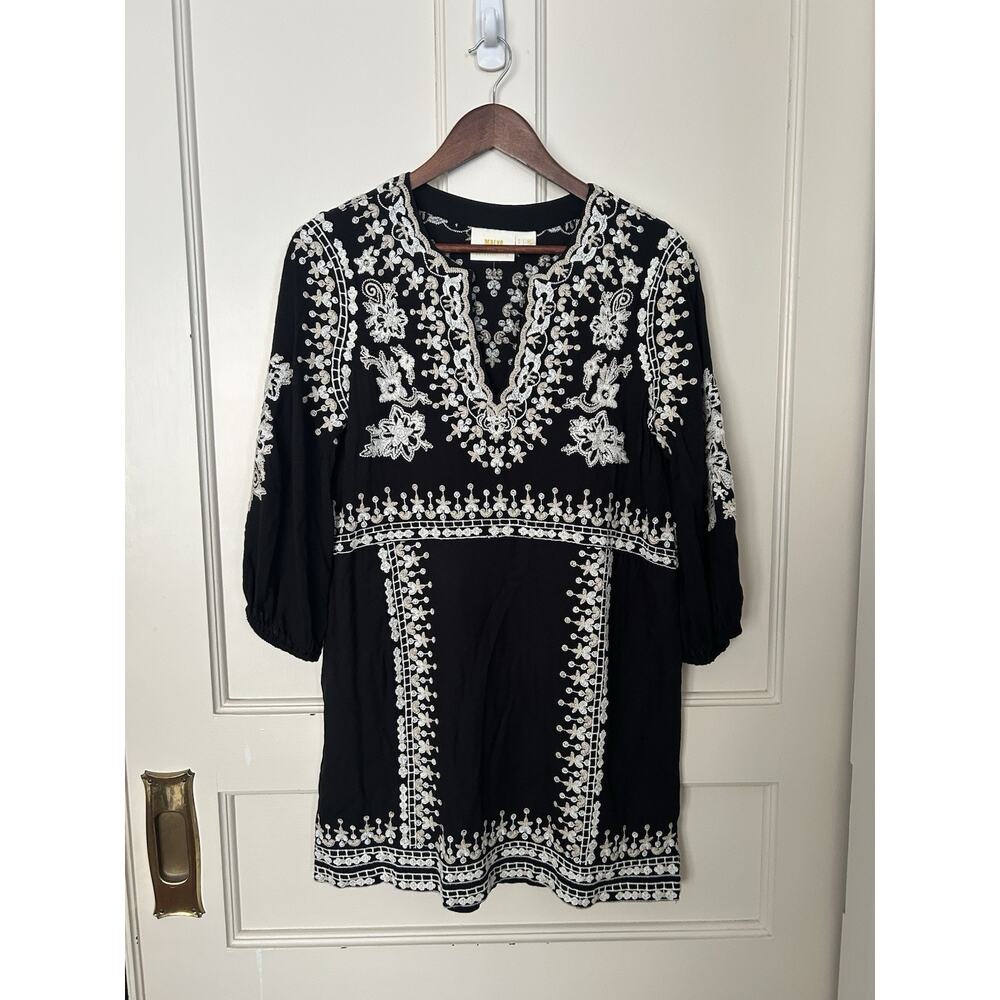Maeve Floral Embroidered Tunic Dress Womens Size 4 Black White Boho Festival